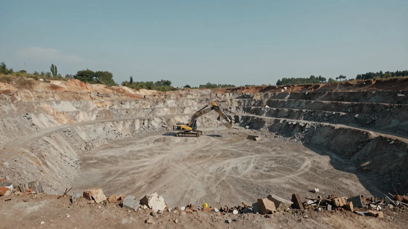 Wide environmental view of an open quarry bench with excavator working the face, natural daylight, mineral earth tones,
