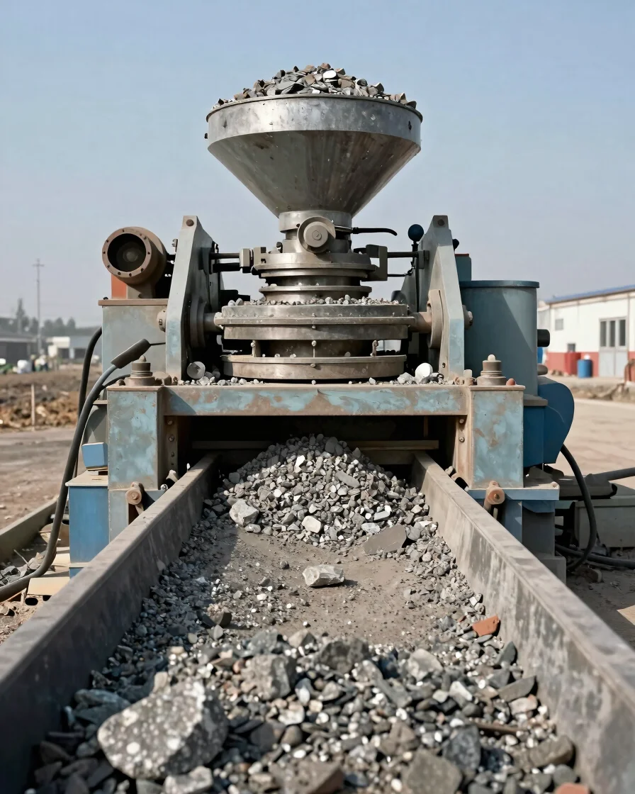 Close detail of a crushing and screening unit at a processing head, graded aggregate on a conveyor, clear natural daylig