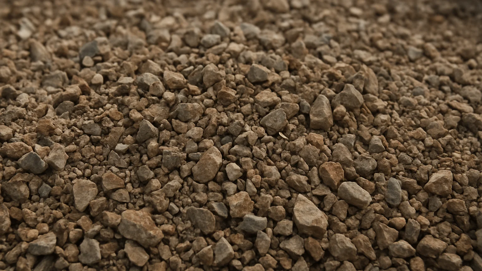 Close detail of crushed mineral aggregate on a screening deck, natural daylight, neutral earth tones, shallow depth of f
