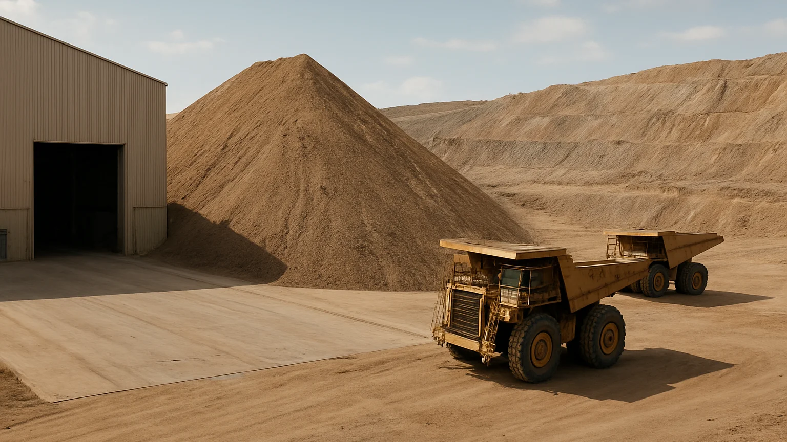 Wide view of a loading bay beside a stockpile with haul trucks in daylight, restrained contrast, documentary framing