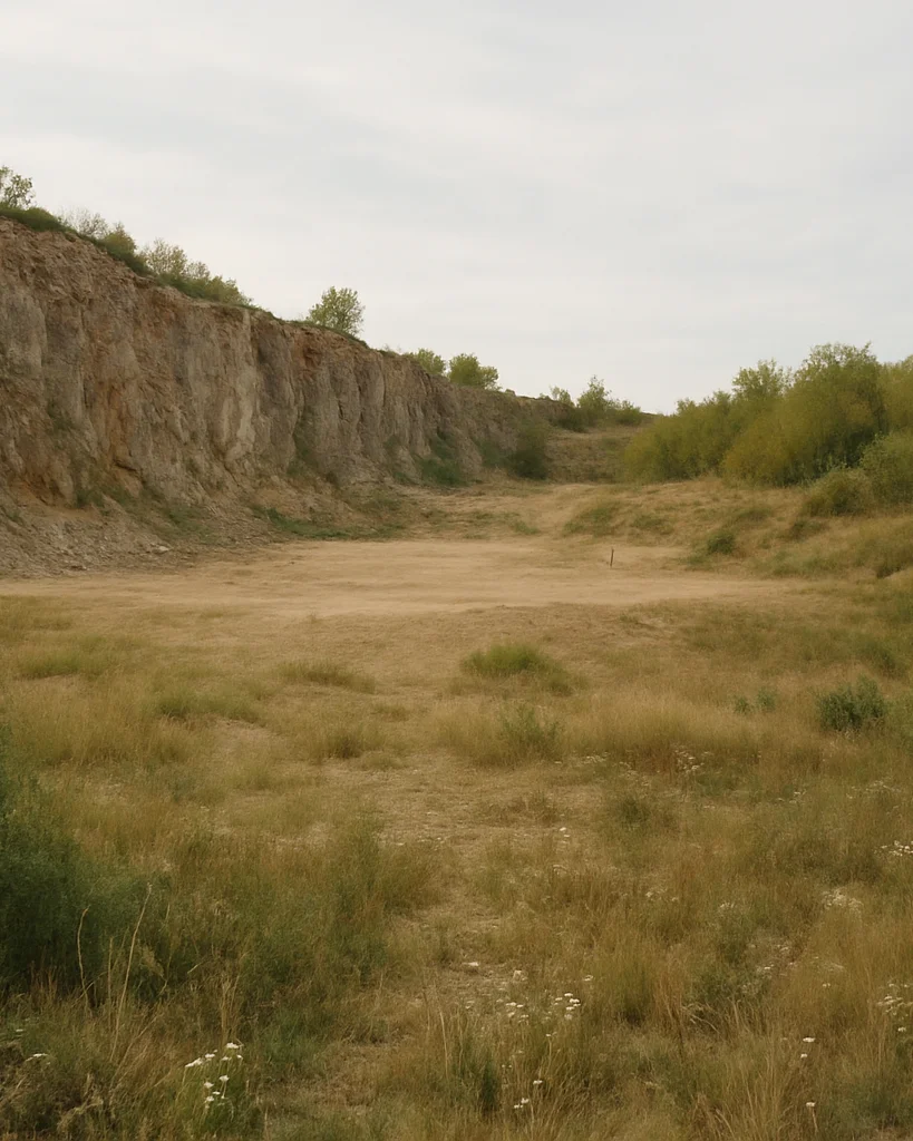 Wide environmental view of a restored quarry edge with reclaimed