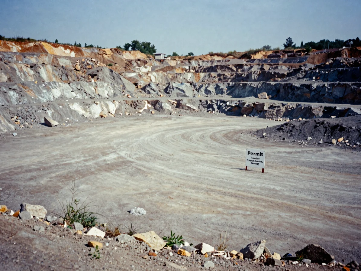 Wide environmental view of a quarry boundary with permit signage absent, natural daylight, mineral earth tones, document