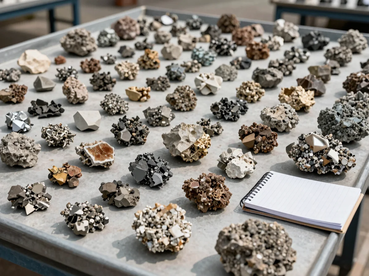 Close detail of mineral samples laid out on a tray beside a site notebook, natural daylight, restrained contrast