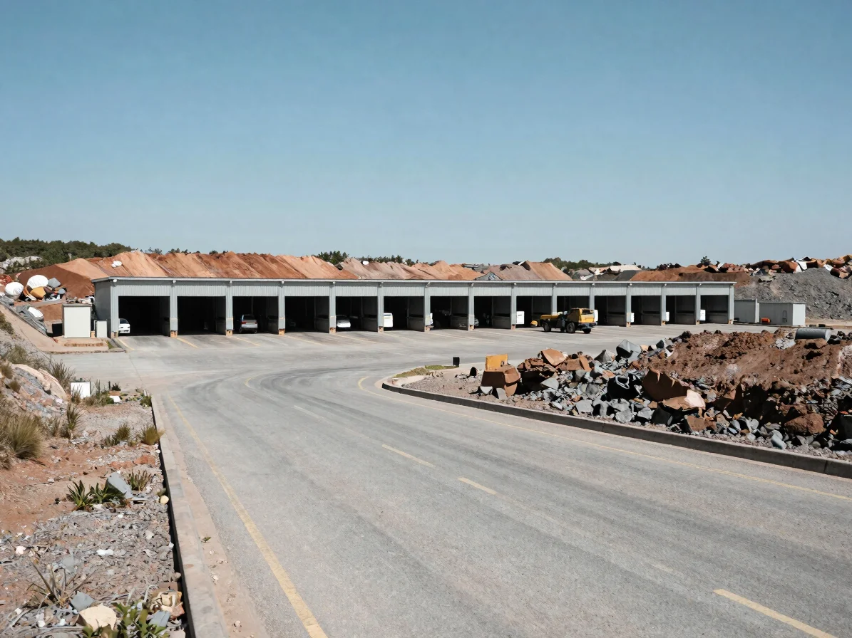 Wide view of a loading bay beside a graded access road at a mineral site, honest daylight, documentary framing