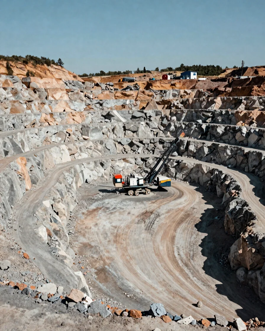 Documentary wide view of an active quarry face in clear natural d