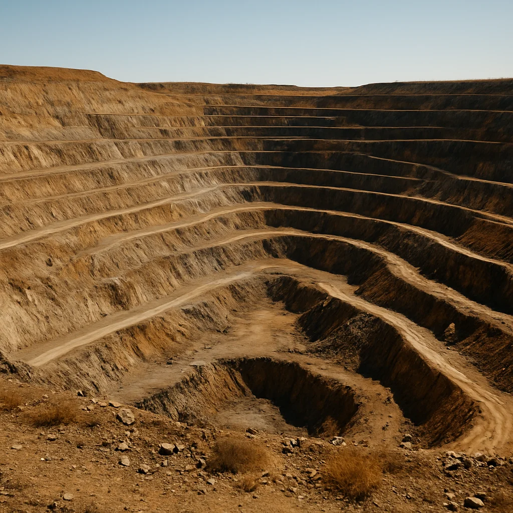 Wide environmental view of an open-pit extraction face in mineral earth tones, benches visible, natural daylight, 35mm d