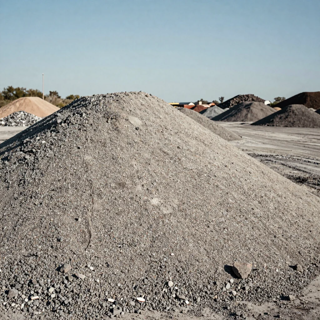 Close detail of crushed aggregate stockpiled on a processing yard, natural daylight, restrained contrast