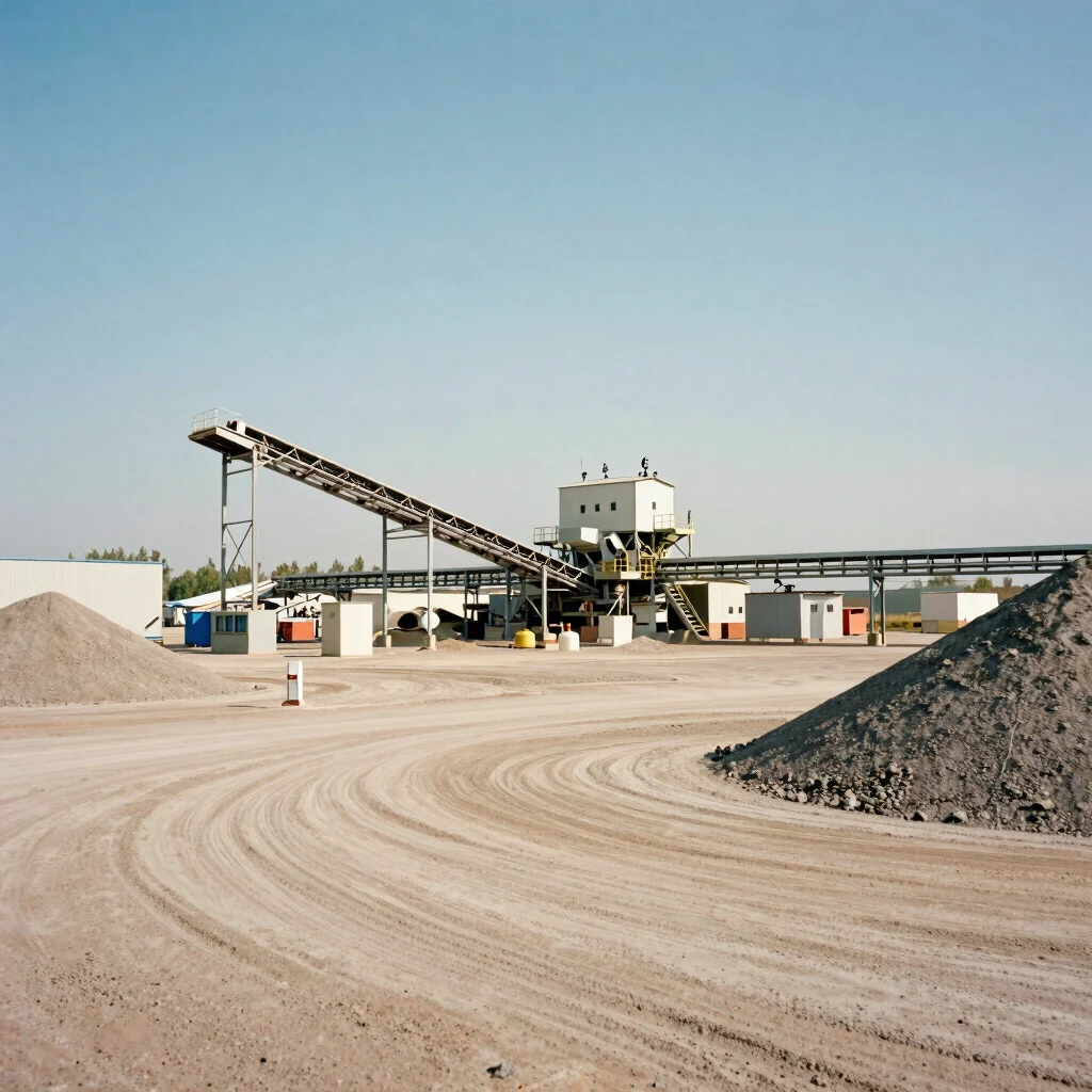Wide view of a mineral handling facility with conveyor structure, honest existing site light, documentary framing