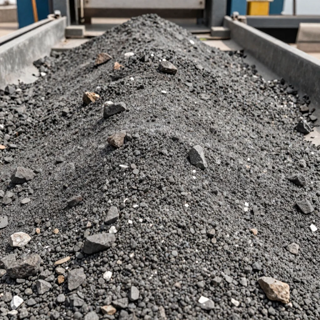 Close detail of graded ore material on a sorting pad, natural daylight, mineral neutrals