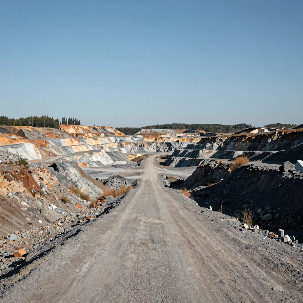 Wide view of a haul road cutting through a quarry landscape, clear daylight, documentary framing